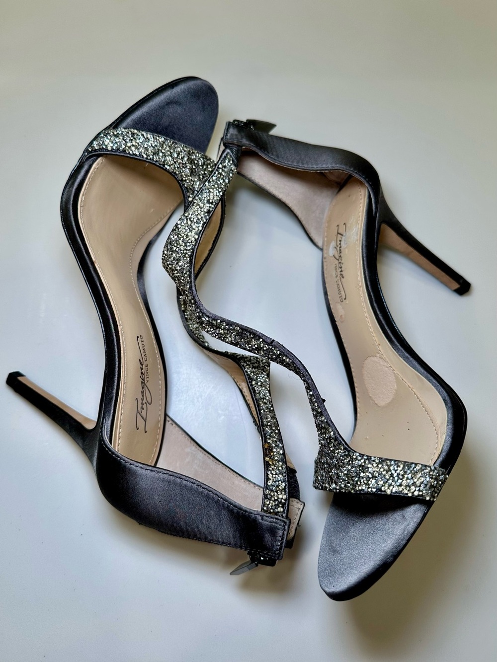 Vince Camuto Black Glitter Strap Stiletto Sandals